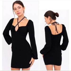 Le Lis • NWT Black Long Sleeve Halter Tie Neck Ribbed Dress